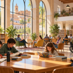 Ilustración de una biblioteca municipal de barrio con vecinos leyendo y estudiando