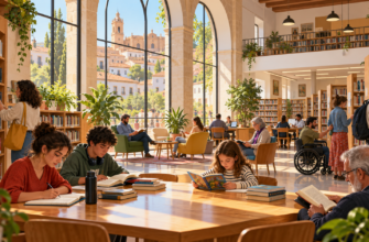 Ilustración de una biblioteca municipal de barrio con vecinos leyendo y estudiando