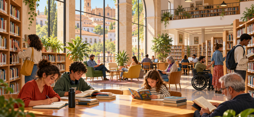 Ilustración de una biblioteca municipal de barrio con vecinos leyendo y estudiando